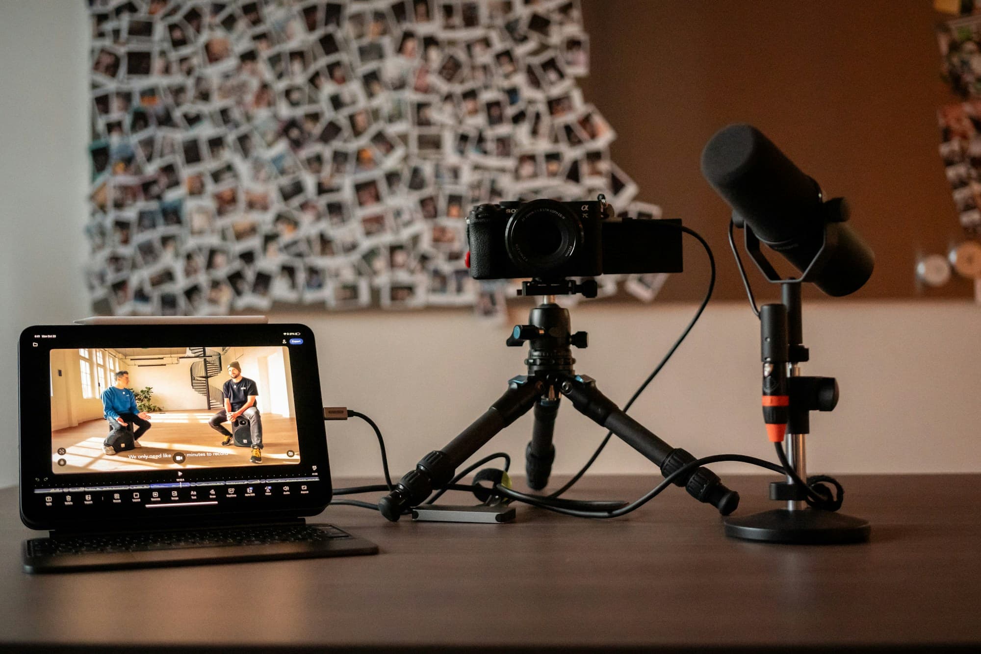 Camera, microphone and tablet set up to record e-learning video